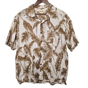 Panama Jack Men's Shirt L Tropical Palm Leaf Print Ramie Cotton Tan Brown